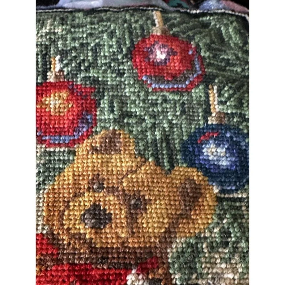 Wool Needlepoint Pillow Christmas Dog Cat Teddy Bears Tree Vintage Complete READ